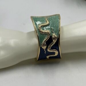 Vintage Style Two Tone Blue Green Snake Clamper Hinged Bangle Bracelet